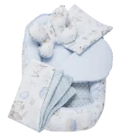 Kokon w zestawie 5 elementowym 100x60x15cm -  Sarny i jeż z jasno niebieskim Minky